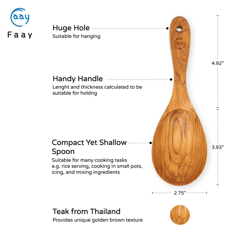 FAAY 9â€ Rice Paddle, Serving Spoon, Versatile Cooking Spoon â€“ Handcraft from High Moist Resistance Golden Teak Wood | Durable, Healthy, Ergonomic Handle for Non Stick Cookware - Image 2